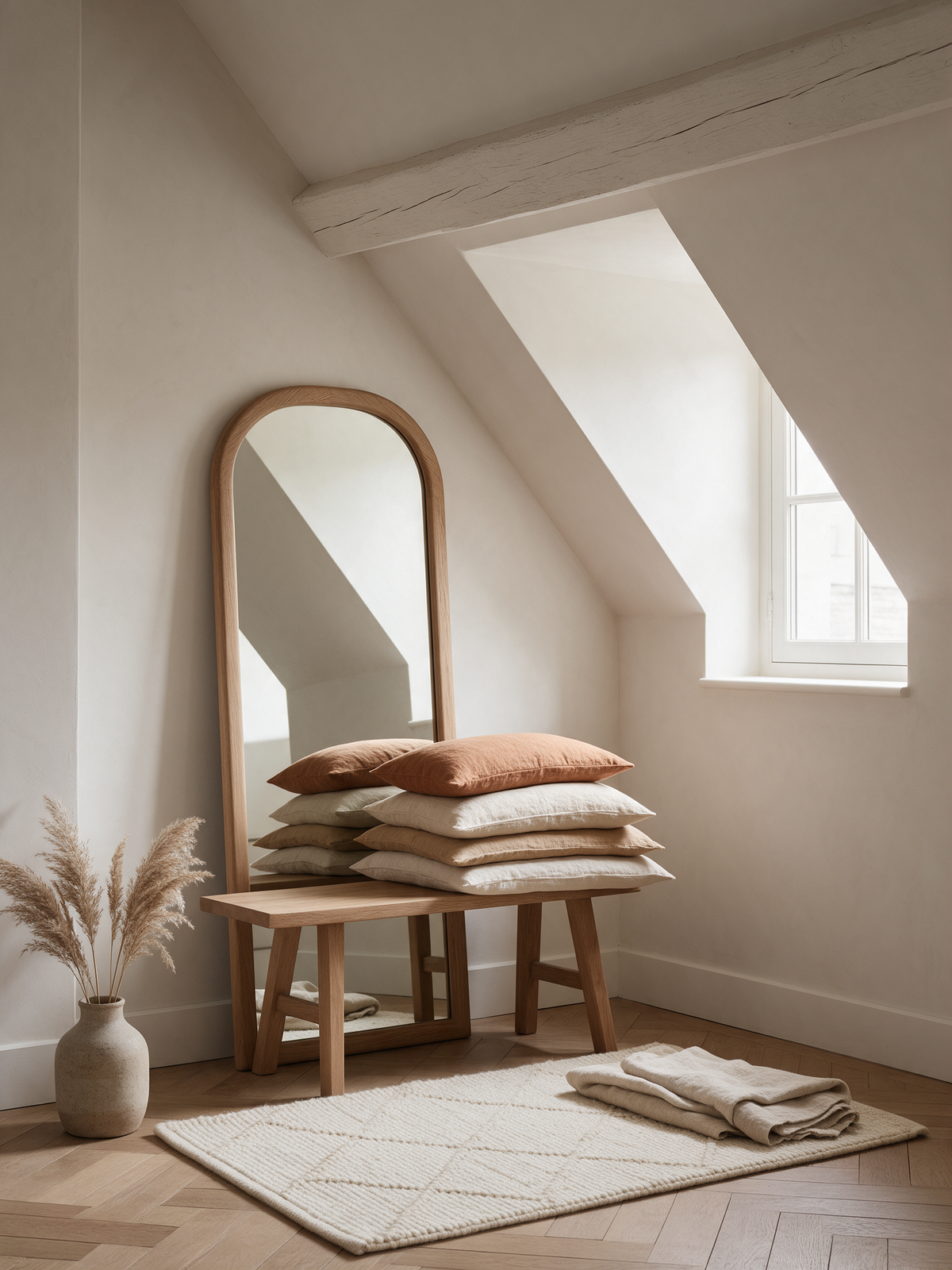 Décoration & textile Maison Mansarde – miroir en chêne, coussins en lin lavé et tapis en laine