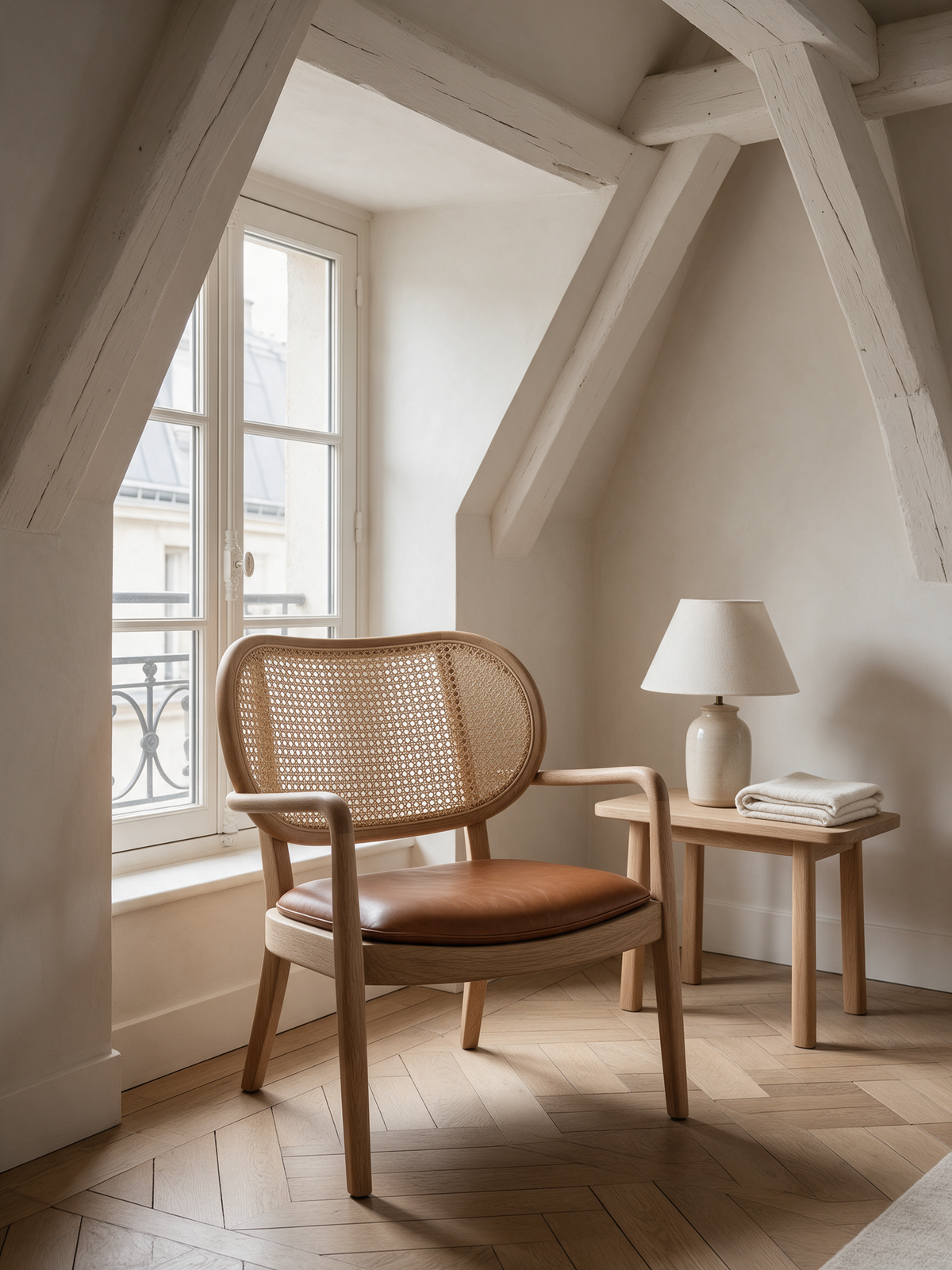 Fauteuils Maison Mansarde – fauteuil en chêne, cannage et cuir cognac