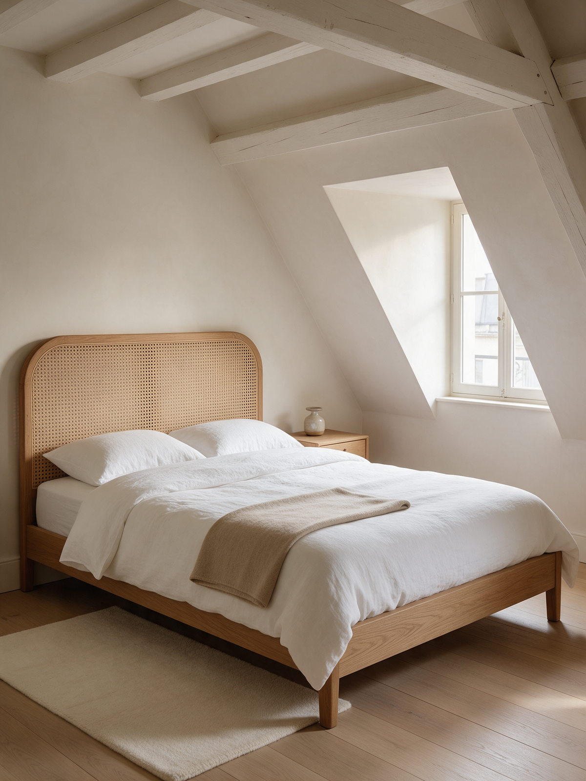 Lits Maison Mansarde – lit en chêne et cannage sous les combles