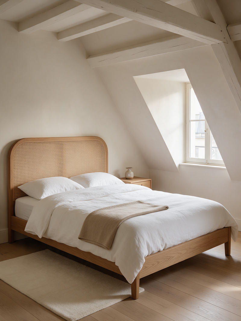 Lits Maison Mansarde – lit en chêne et cannage sous les combles