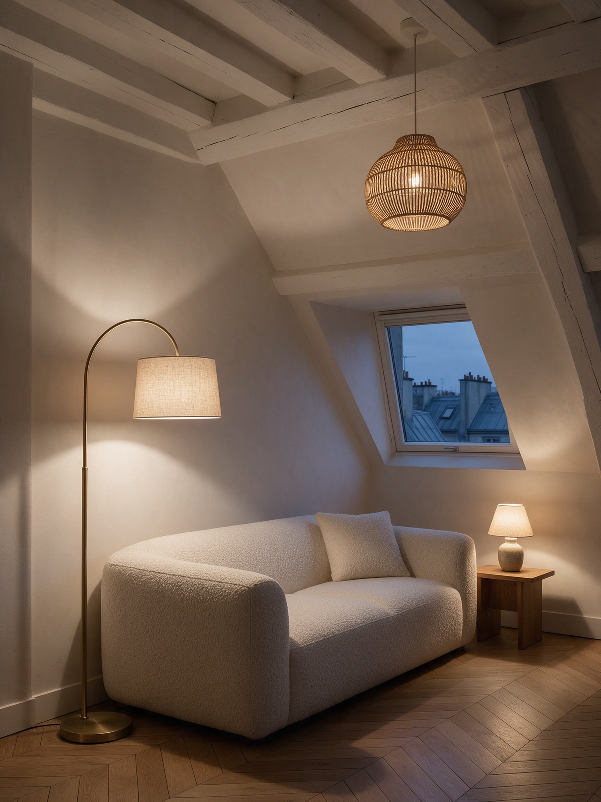 Luminaires Maison Mansarde – lampadaire en laiton et suspension en rotin