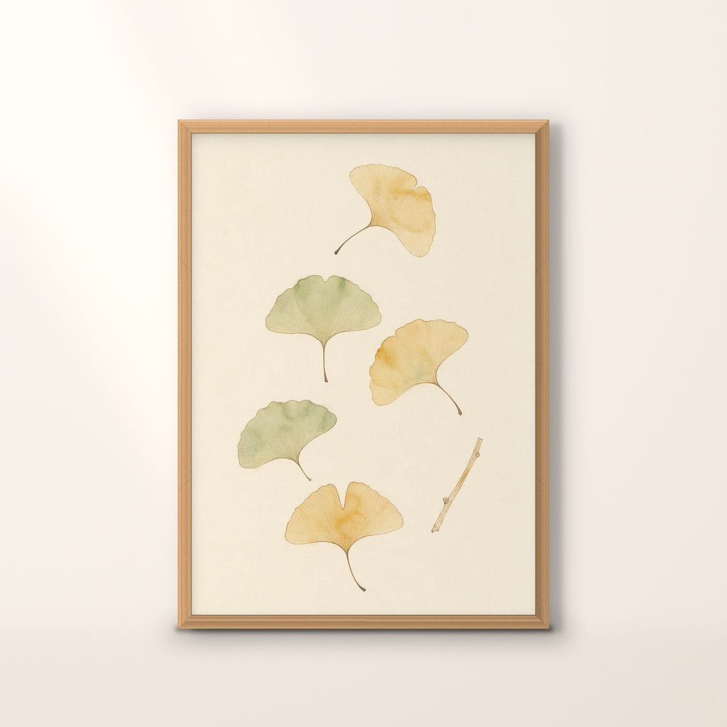 Affiche Jardin des Plantes, feuilles de ginkgo au trait sépia, encadrée chêne, sur fond crème