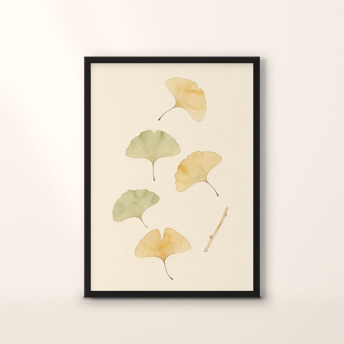 Affiche Jardin des Plantes, feuilles de ginkgo aux touches ocre et sauge, en cadre noir, sur fond crème
