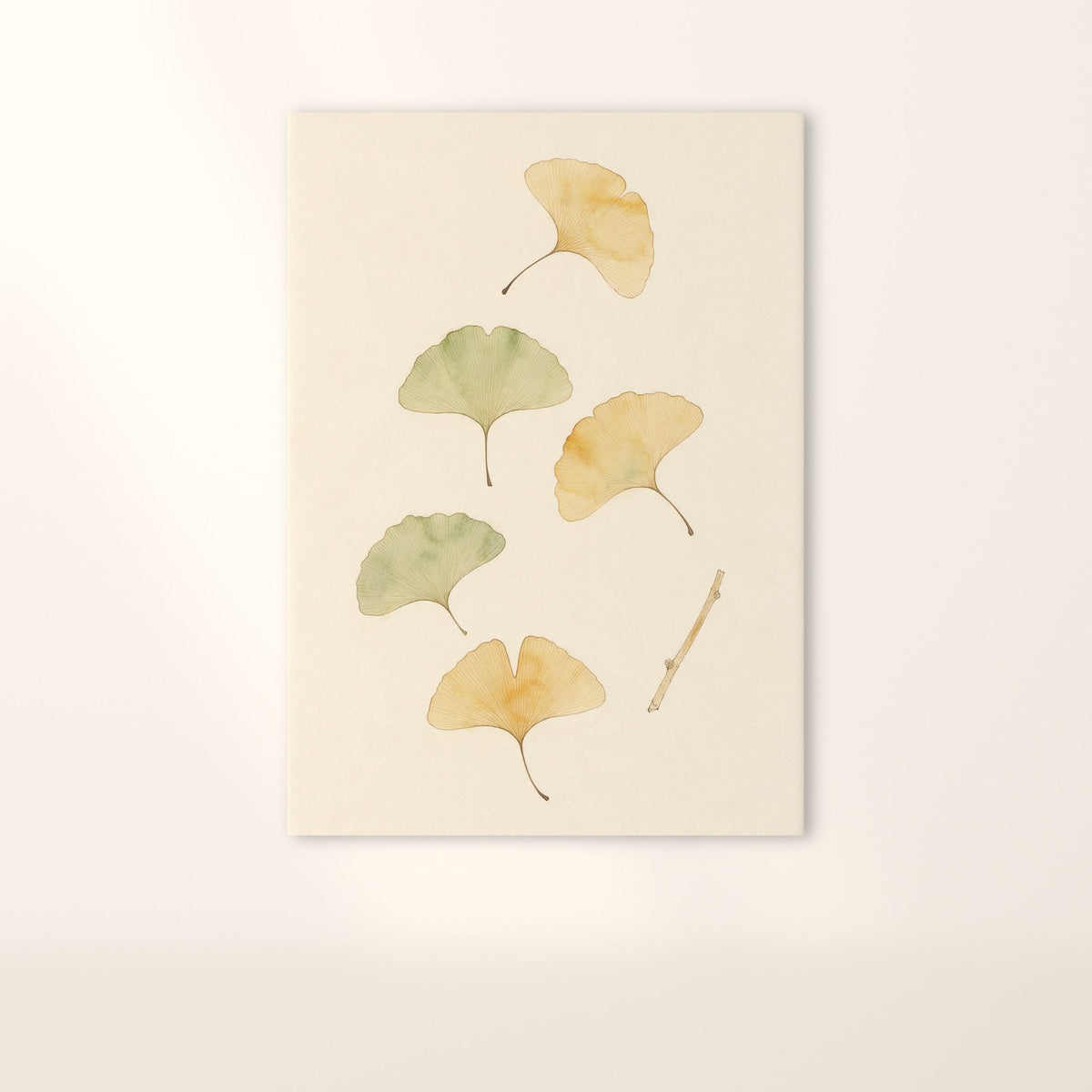 Affiche Jardin des Plantes sans cadre : feuilles de ginkgo ocre et sauge sur papier ivoire