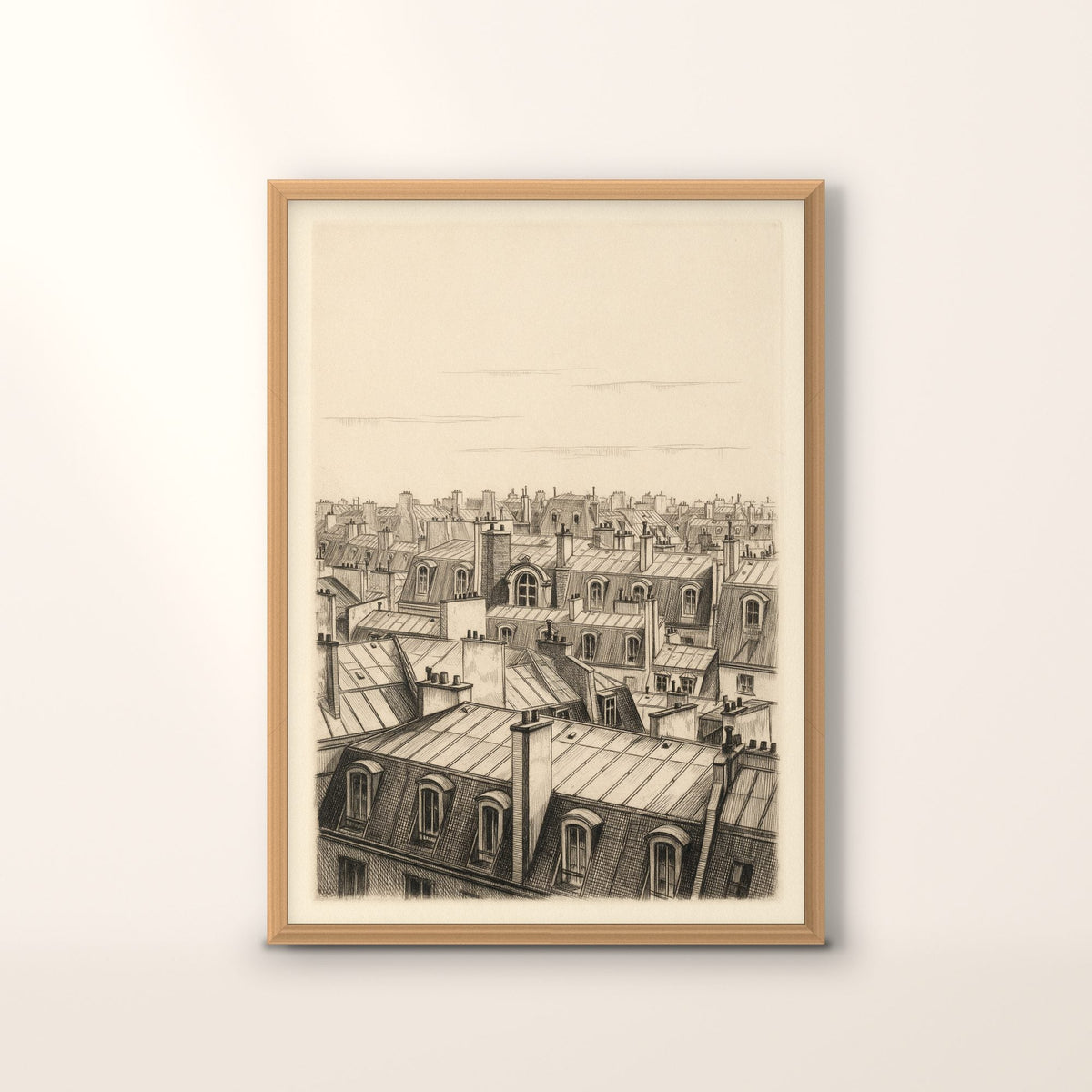 Affiche Montorgueil, toits de Paris façon gravure, encadrée chêne, sur fond crème