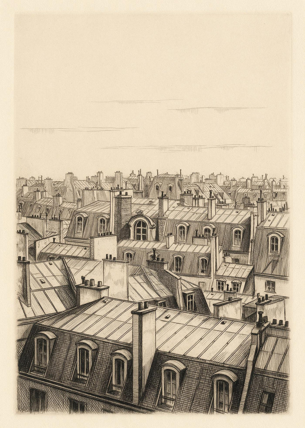Œuvre de l’affiche Montorgueil : toits en zinc, cheminées et lucarnes de Paris dessinés en hachures à l’encre noire, façon gravure
