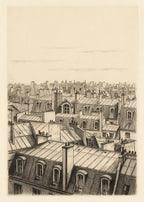 Œuvre de l’affiche Montorgueil : toits en zinc, cheminées et lucarnes de Paris dessinés en hachures à l’encre noire, façon gravure