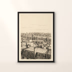 Affiche Montorgueil, toits de Paris façon gravure, en cadre noir, sur fond crème