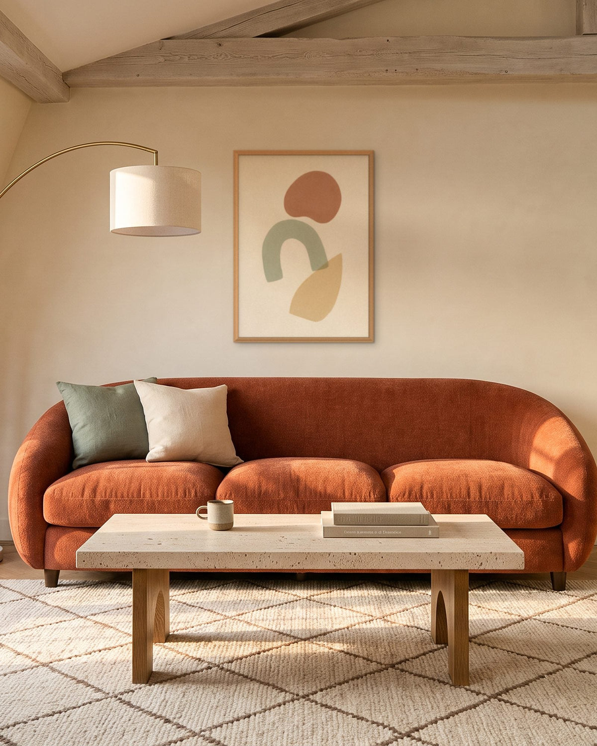 Affiche Raspail en cadre chêne, accrochée au-dessus d’un canapé terracotta, entre un lampadaire arc et une table basse claire