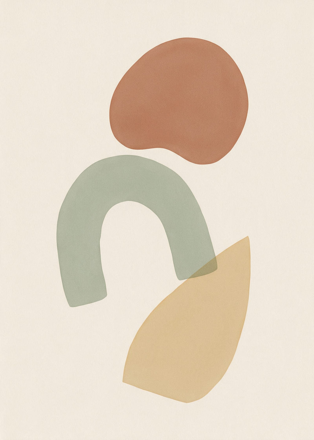 Œuvre de l’affiche Raspail : galet terracotta, arche vert sauge et feuille sable au rendu façon gouache