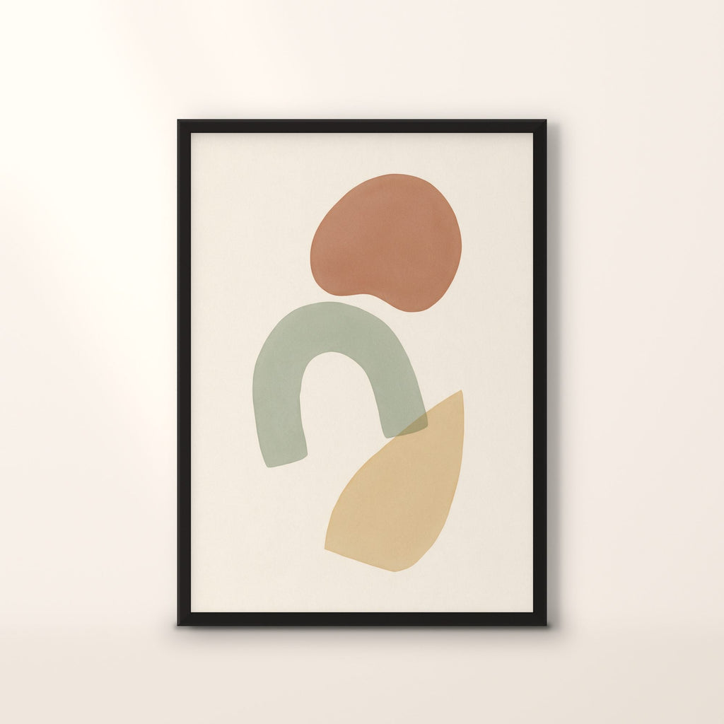 Affiche Raspail, formes organiques terracotta et sauge, en cadre noir, sur fond crème