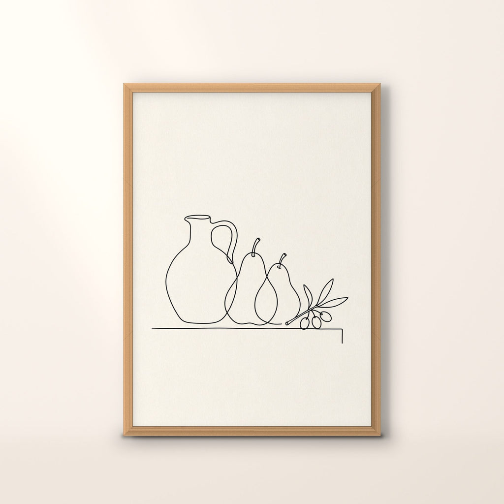 Affiche Tertre, nature morte au trait noir continu, encadrée chêne, sur fond crème