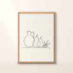 Affiche Tertre, nature morte au trait noir continu, encadrée chêne, sur fond crème