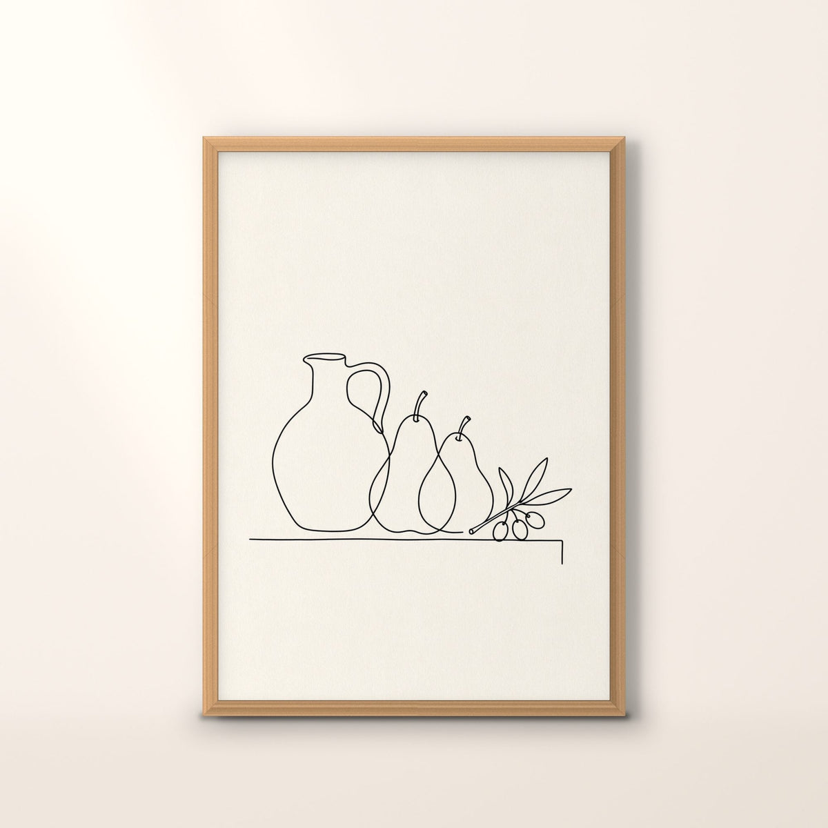 Affiche Tertre, nature morte au trait noir continu, encadrée chêne, sur fond crème