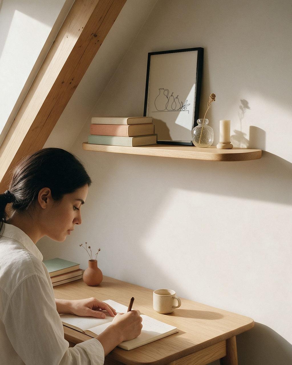 Affiche Tertre en cadre noir, posée sur une étagère en chêne clair entre des livres et un vase en verre, dans un coin bureau sous les toits