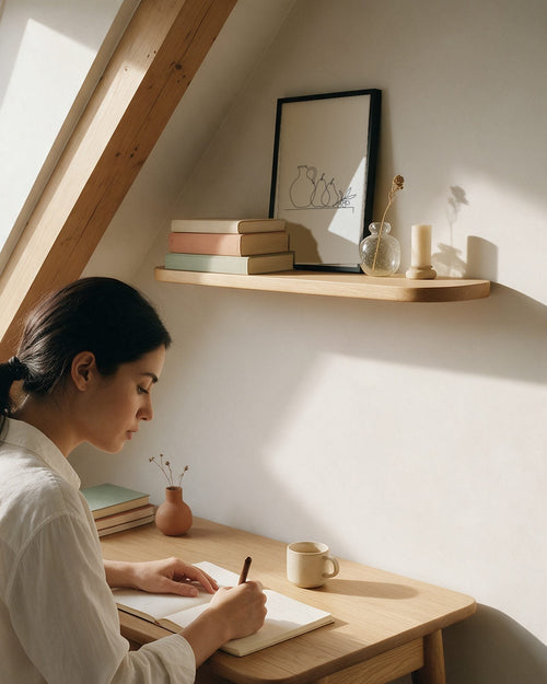 Affiche Tertre en cadre noir, posée sur une étagère en chêne clair entre des livres et un vase en verre, dans un coin bureau sous les toits