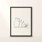 Affiche Tertre, nature morte au trait noir continu, en cadre noir, sur fond crème