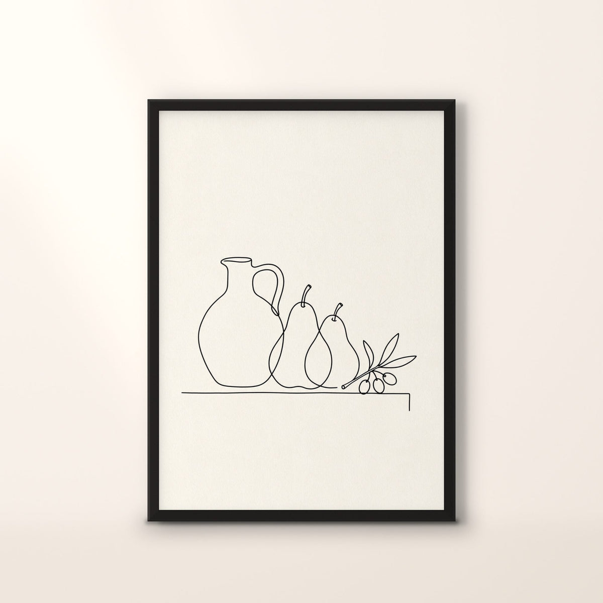 Affiche Tertre, nature morte au trait noir continu, en cadre noir, sur fond crème