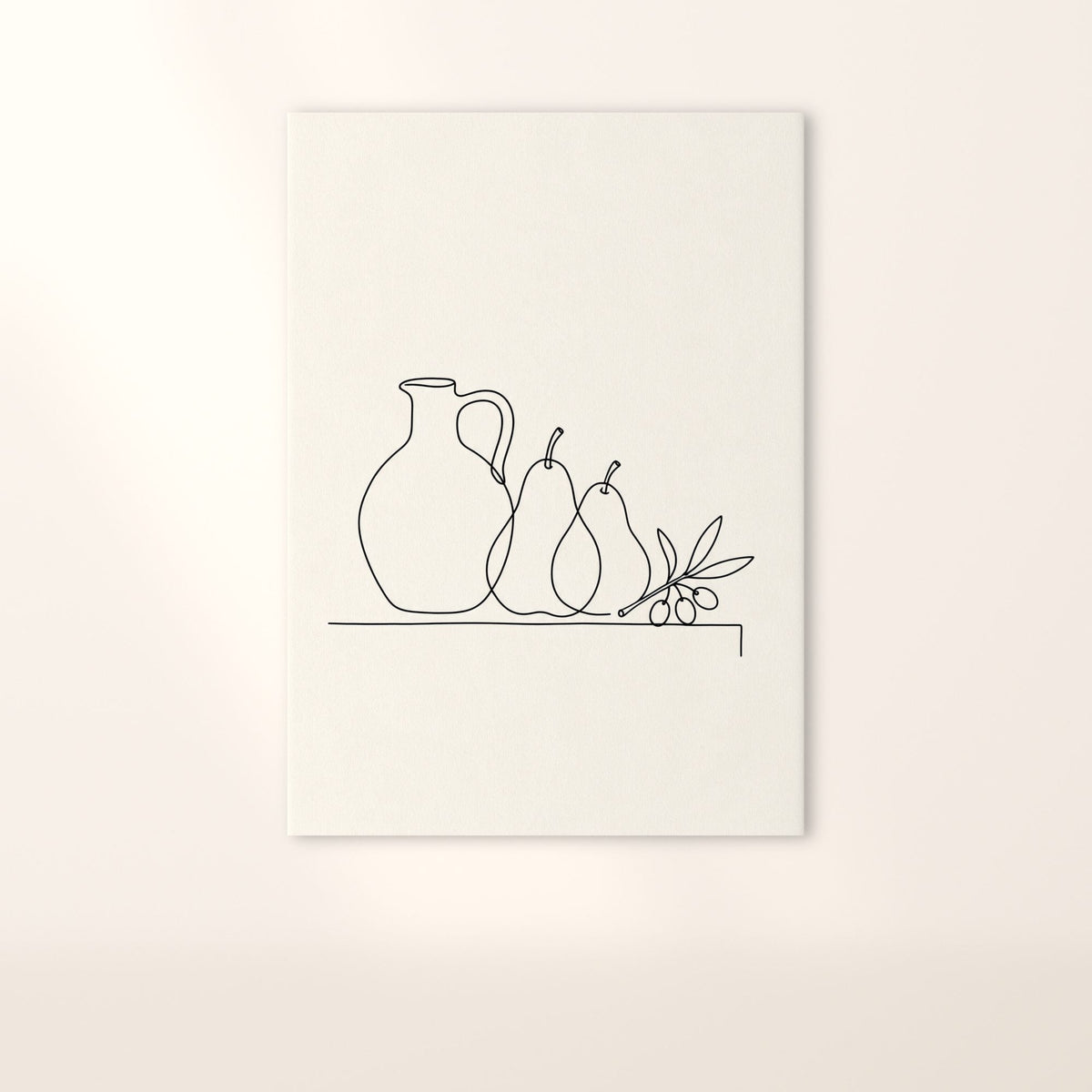 Affiche Tertre sans cadre : cruche, poires et brin d’olivier au trait noir sur papier blanc cassé