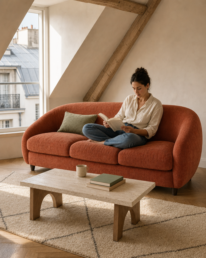Canapé Odéon 3 places en chenille terracotta, formes organiques — mise en scène dans un appartement sous les toits — Maison Mansarde
