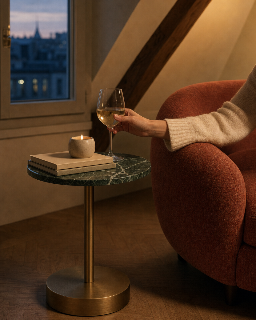 Table d'appoint Pigalle plateau marbre vert et pied laiton brossé — mise en scène dans un appartement sous les toits — Maison Mansarde