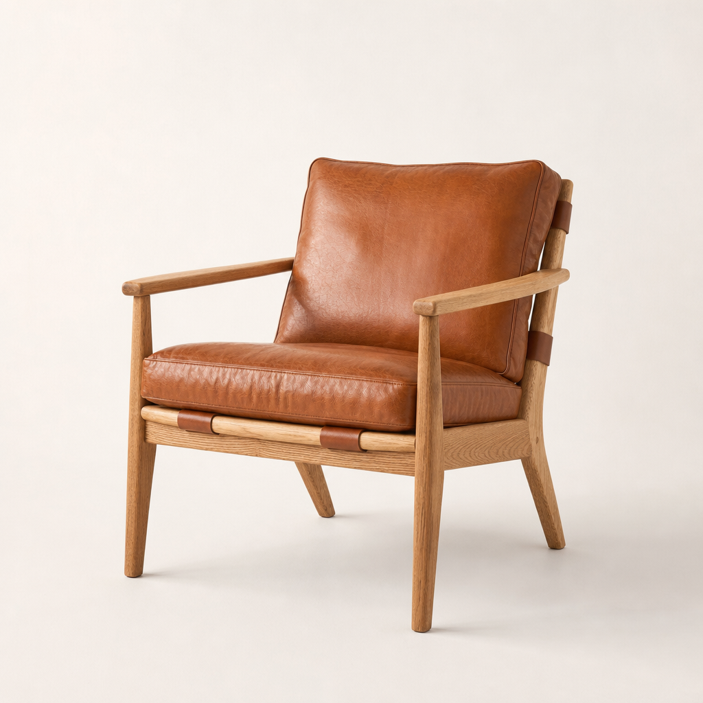 Fauteuil Belleville en cuir cognac et chêne massif, esprit mid-century — Maison Mansarde
