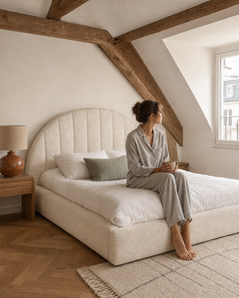 Lit Vavin 160x200 avec tête de lit arrondie capitonnée en bouclette écru — mise en scène dans un appartement sous les toits — Maison Mansarde