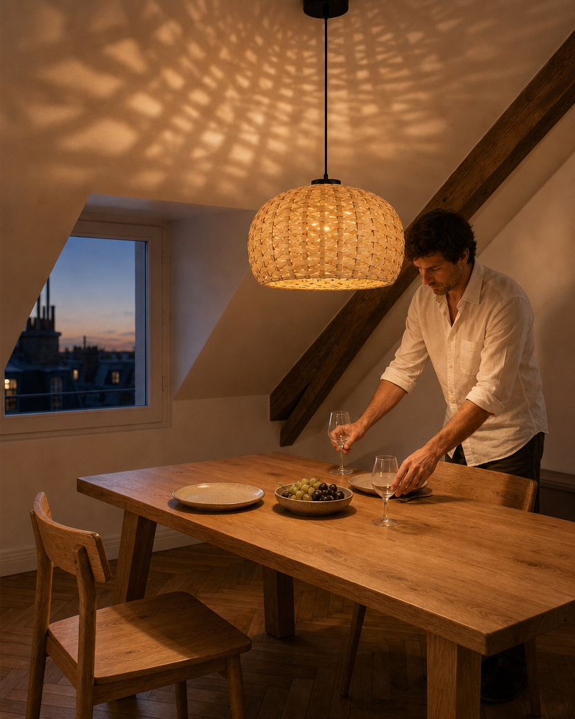Suspension Oberkampf en rotin naturel tressé main Ø 50 cm — mise en scène dans un appartement sous les toits — Maison Mansarde