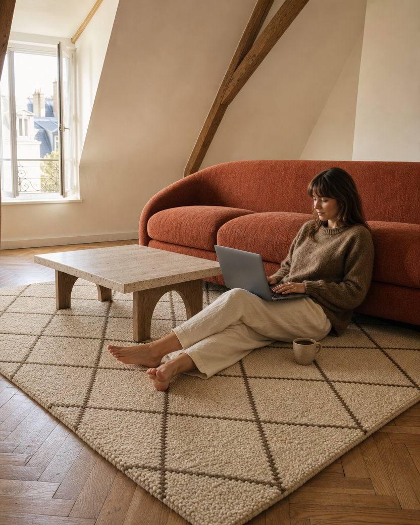 Tapis Vaugirard en laine tissée main, motif berbère écru et brun — mise en scène dans un appartement sous les toits — Maison Mansarde