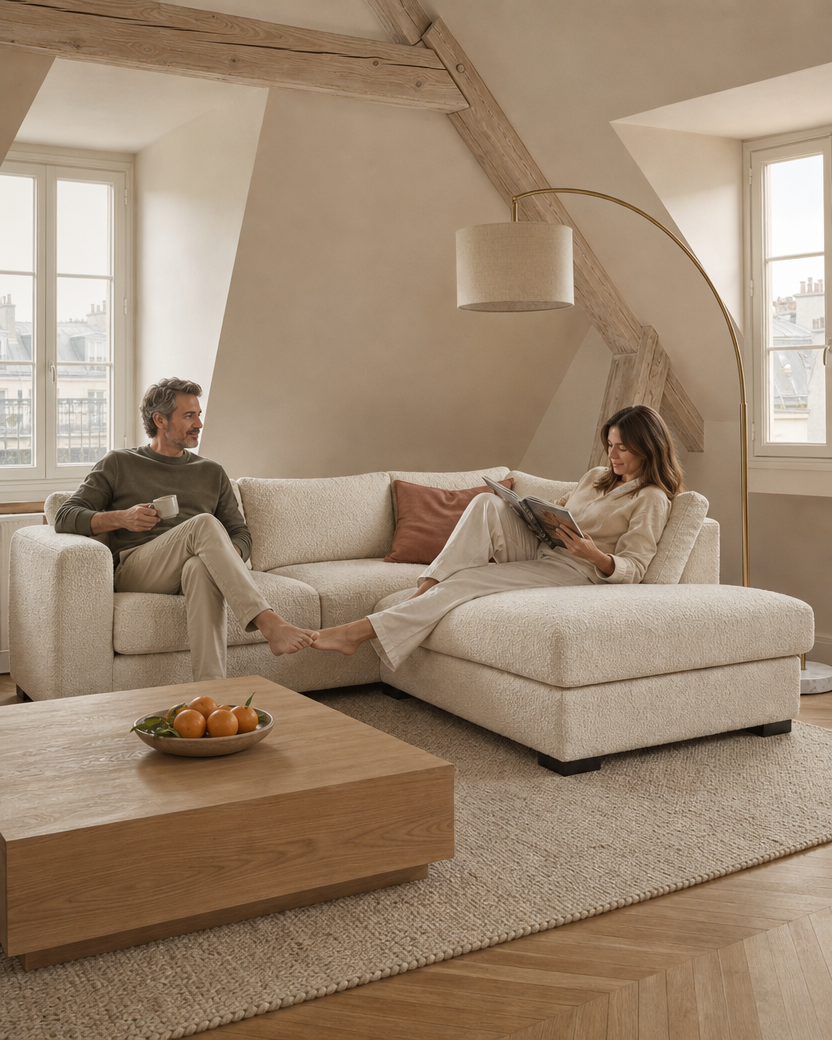 Canapé d'angle Batignolles en bouclette écru avec méridienne — mise en scène dans un appartement sous les toits — Maison Mansarde
