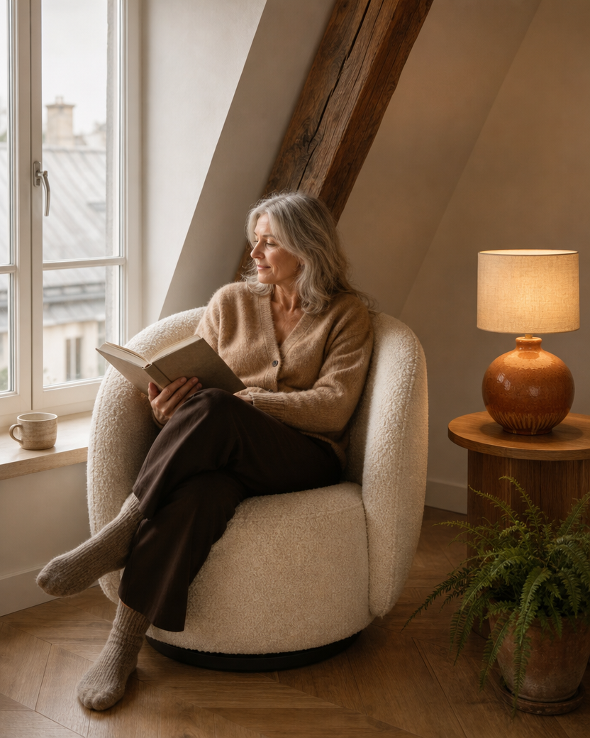 Fauteuil Montmartre pivotant en bouclette écru — mise en scène dans un appartement sous les toits — Maison Mansarde