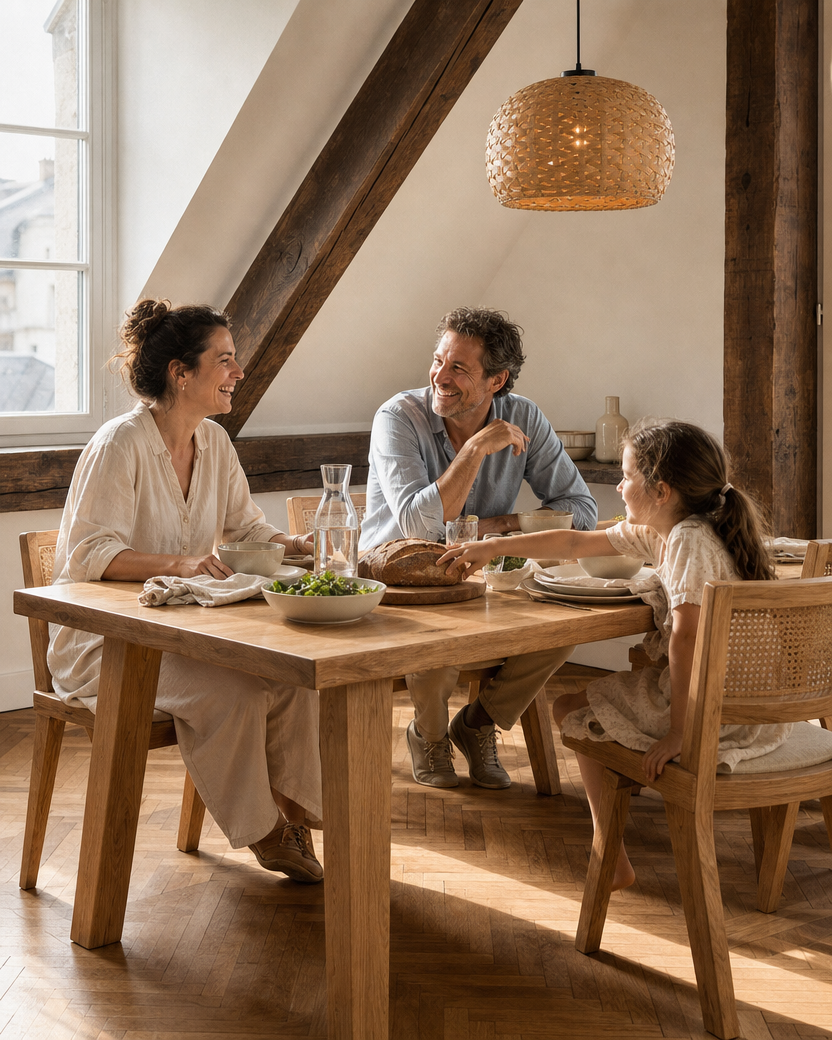 Table à manger Bastille en chêne massif huilé 180 cm — mise en scène dans un appartement sous les toits — Maison Mansarde
