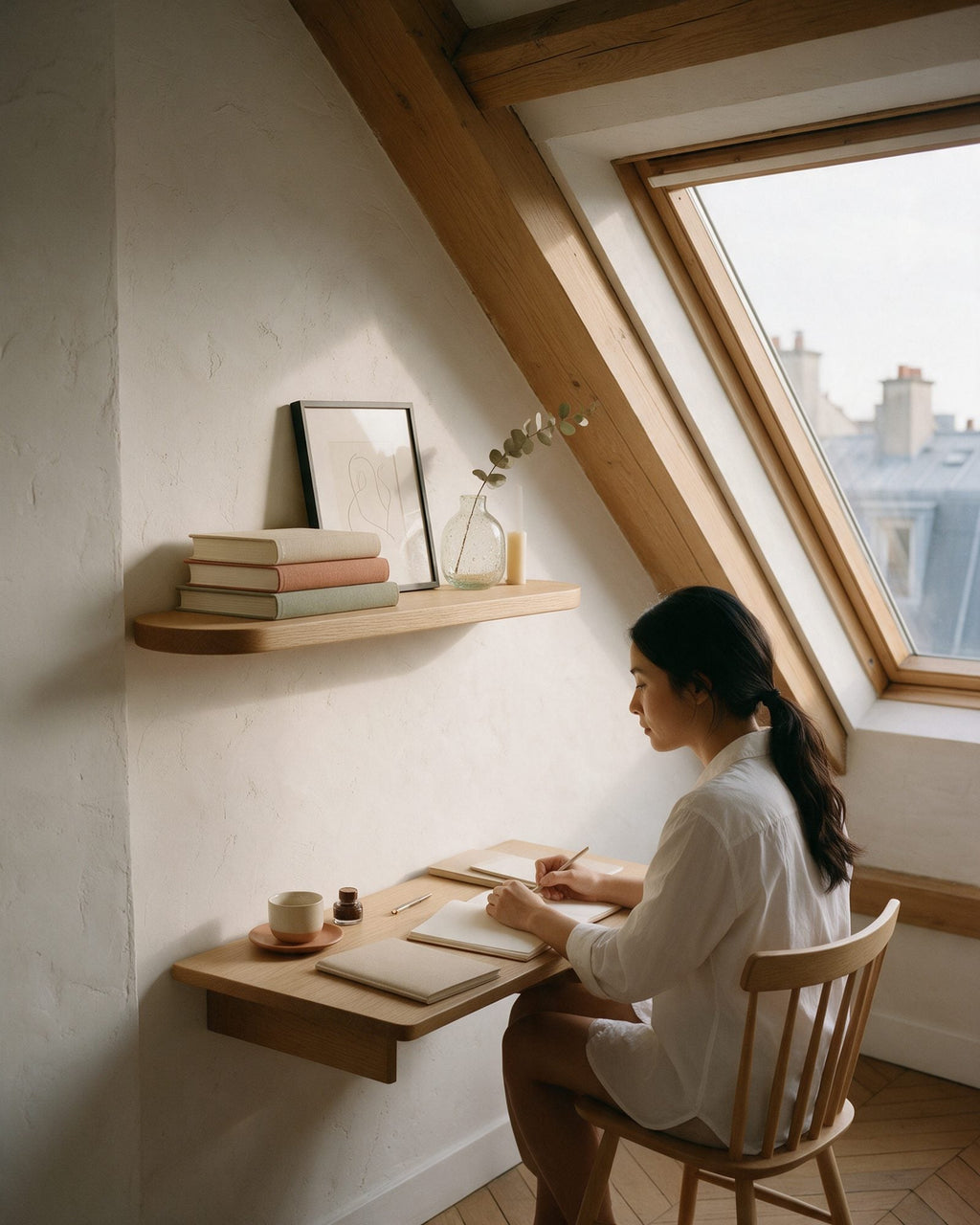 Étagère Trudaine en chêne au-dessus d’un bureau sous les toits, avec des livres, un cadre et un vase, pendant qu’une femme écrit