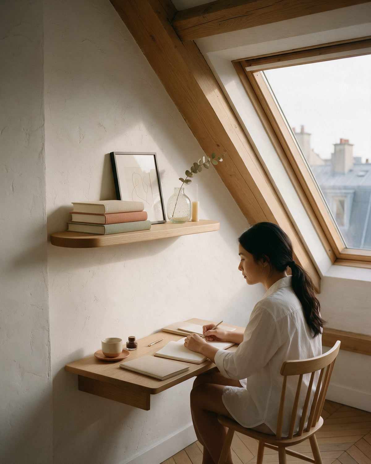 Étagère Trudaine en chêne au-dessus d’un bureau sous les toits, avec des livres, un cadre et un vase, pendant qu’une femme écrit