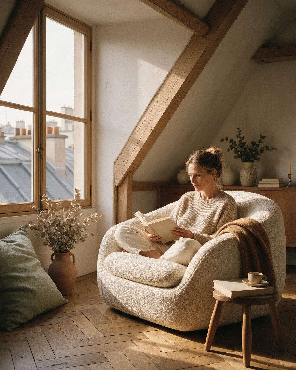 Fauteuil Nuage en bouclette écrue près d’une fenêtre sous les toits ; une femme y lit, un plaid caramel sur l’accoudoir et un tabouret en chêne à côté