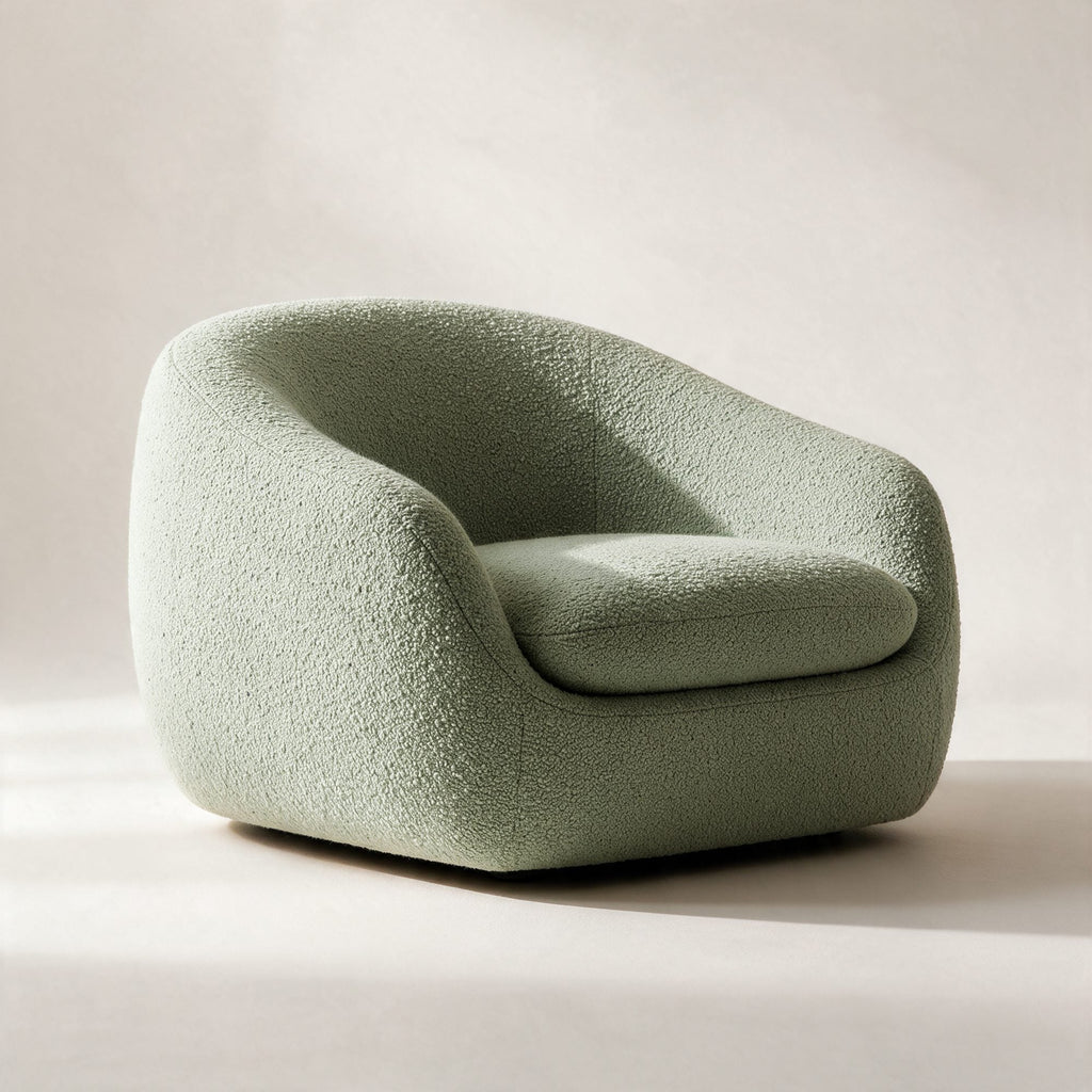 Fauteuil Nuage en bouclette vert sauge, sur fond crème