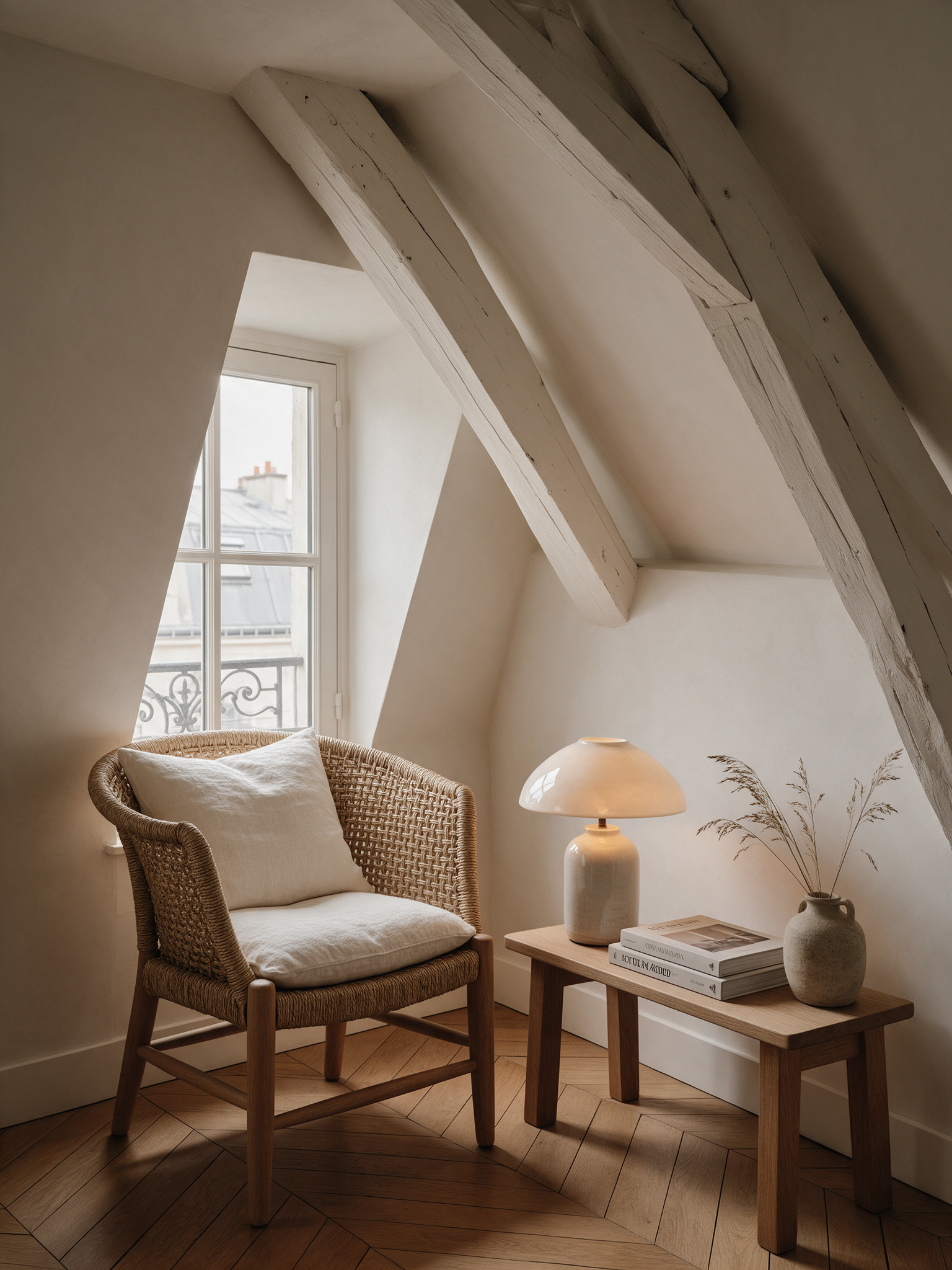 Coin lecture Maison Mansarde : fauteuil en rotin, lampe en céramique et poutres apparentes