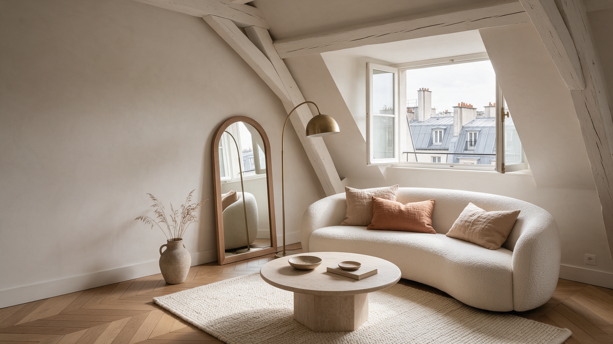 Salon Maison Mansarde sous les toits de Paris : canapé bouclé, table basse en travertin et lampadaire en laiton