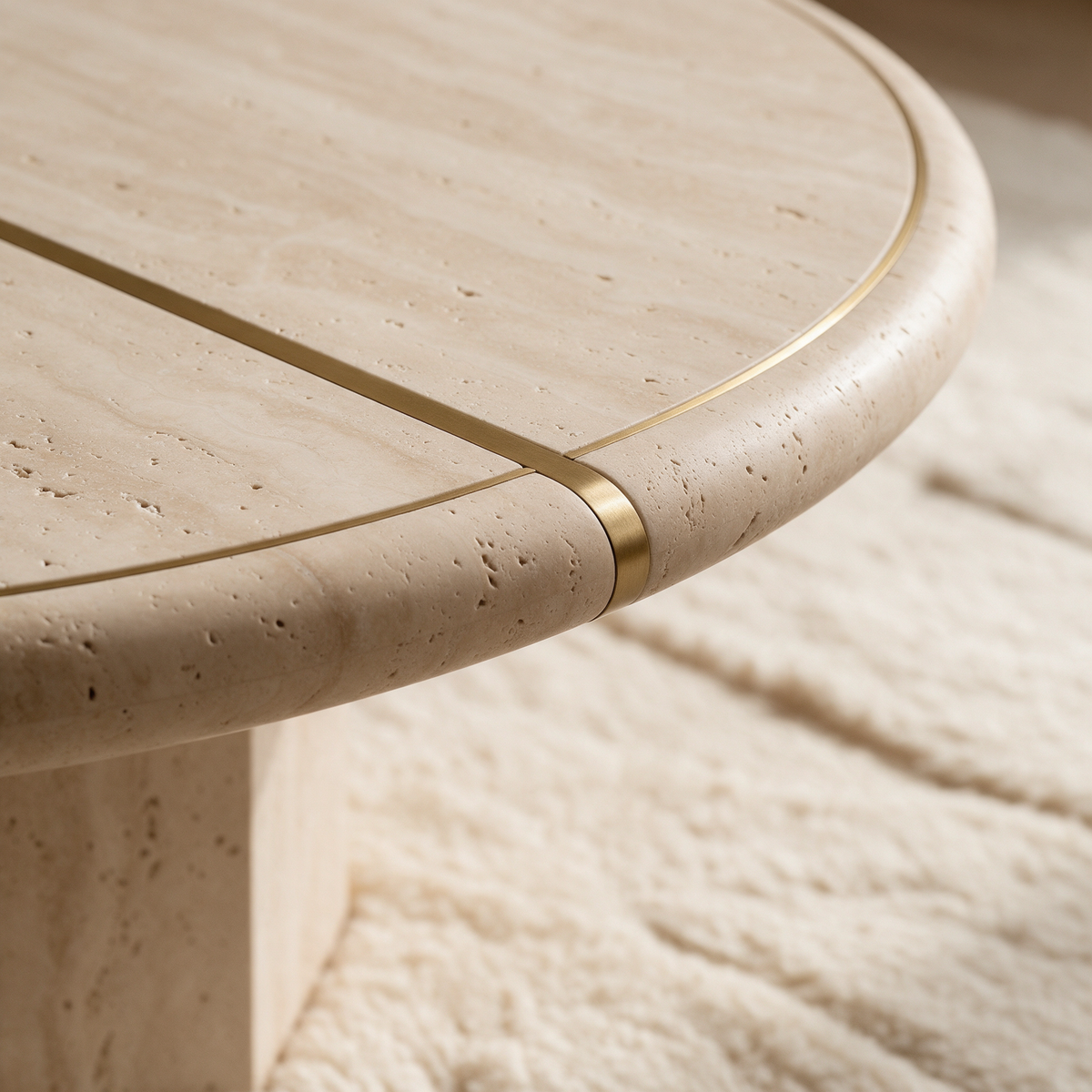 Détail d'une table basse en travertin avec liseré laiton – matières Maison Mansarde
