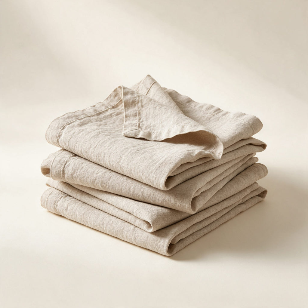 Serviettes de table Buci en lin lavé écru, pliées en pile, sur fond crème