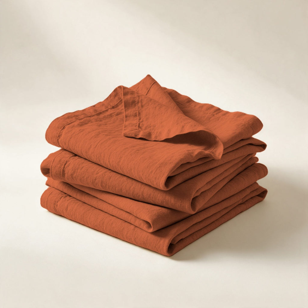 Serviettes de table Buci en lin lavé terracotta, pliées en pile, sur fond crème