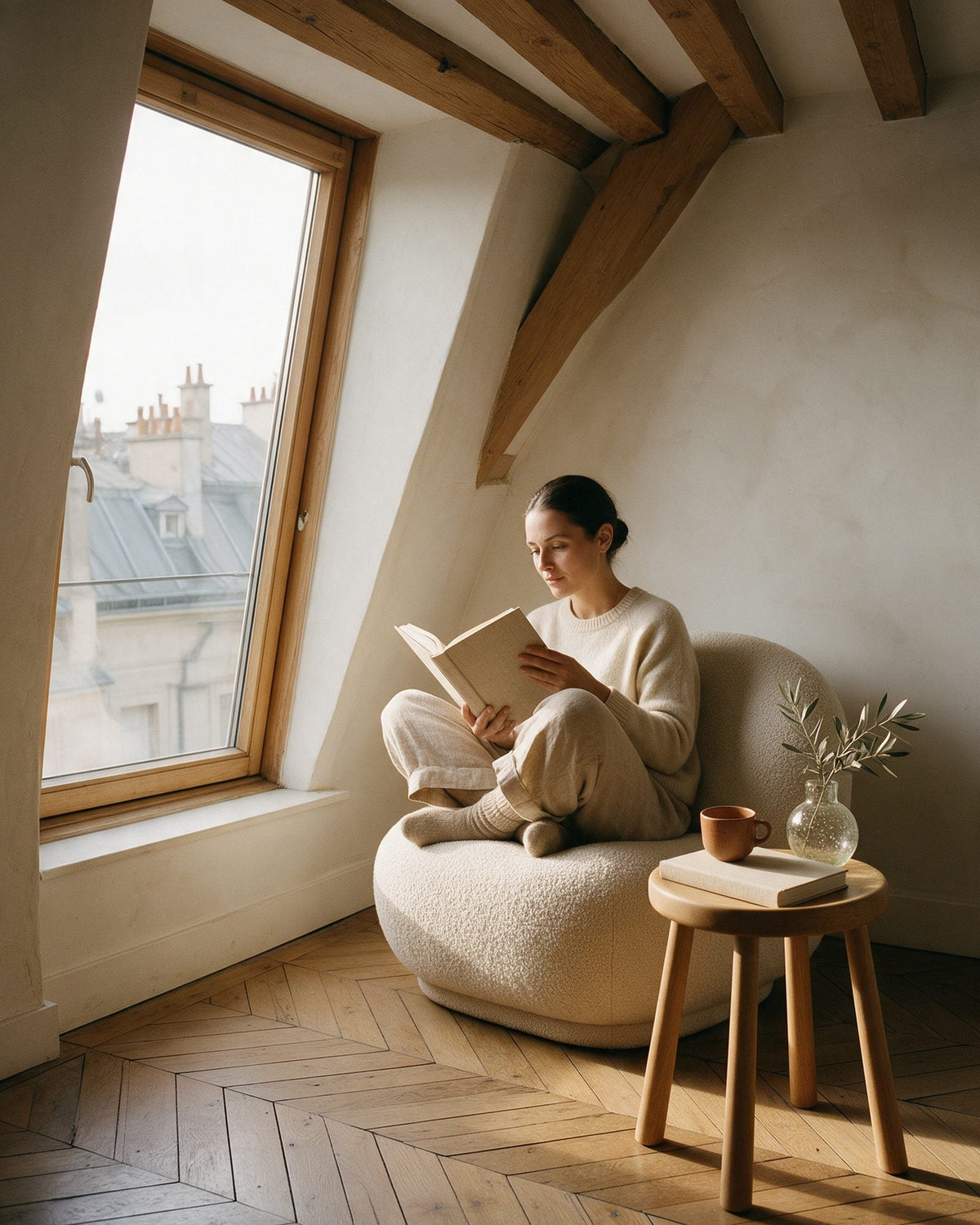 Une femme lit dans un fauteuil en bouclette sous les toits de Paris ; à côté, le tabouret Contrescarpe en chêne porte un livre, une tasse et un petit vase