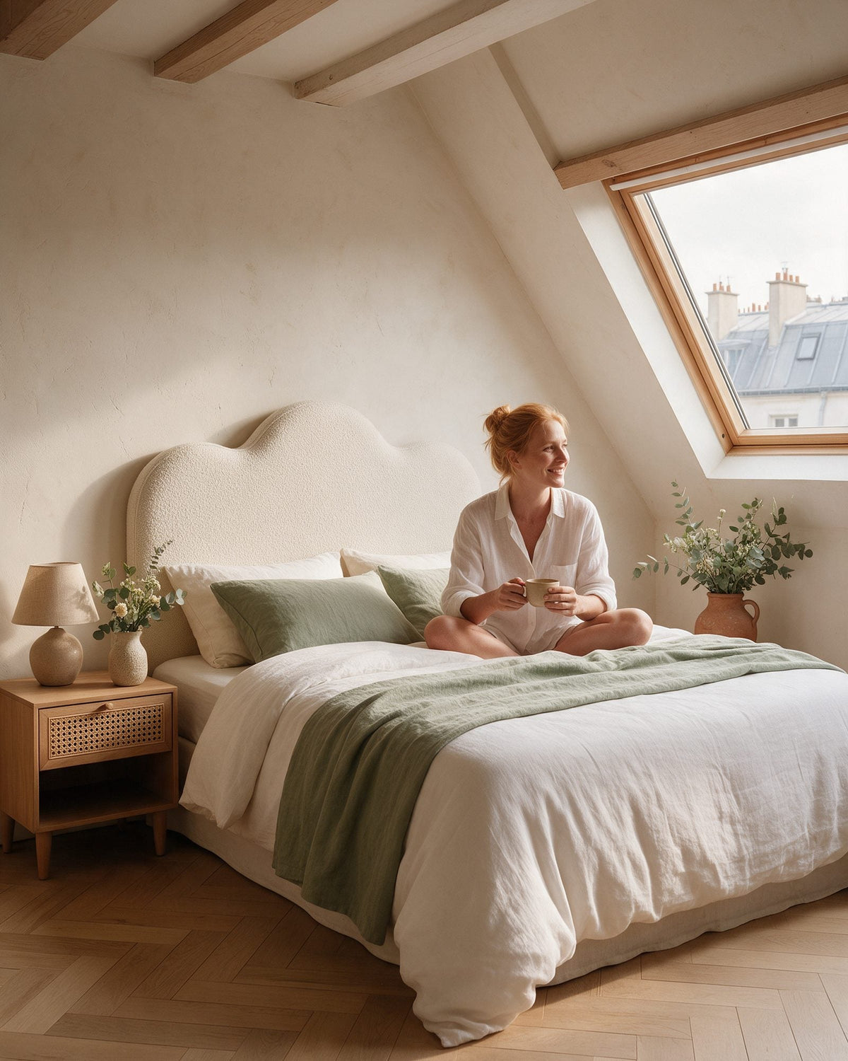 Tête de lit Nuage en bouclette écrue derrière un lit en lin blanc et vert sauge, sous les poutres d’une chambre mansardée ; une femme y boit un café
