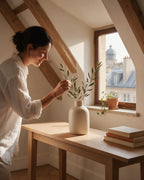 Une femme arrange des branches d’olivier dans le vase Abbesses écru, posé sur une console en chêne sous les toits de Paris
