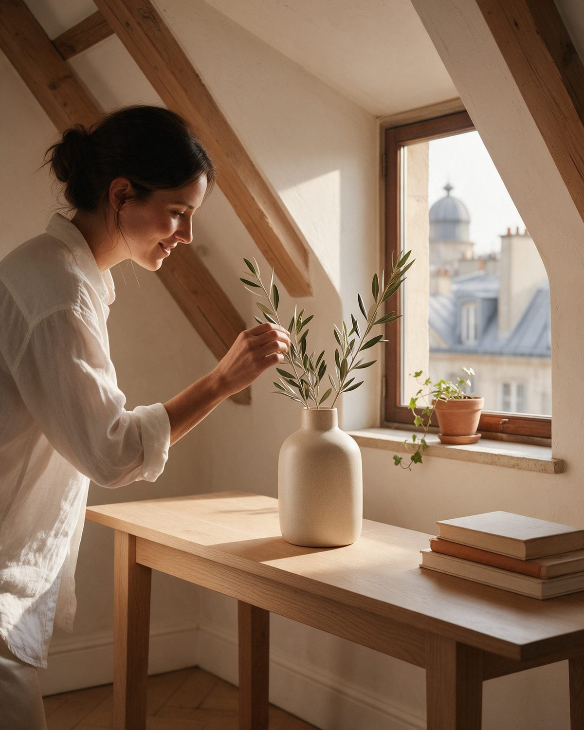 Une femme arrange des branches d’olivier dans le vase Abbesses écru, posé sur une console en chêne sous les toits de Paris