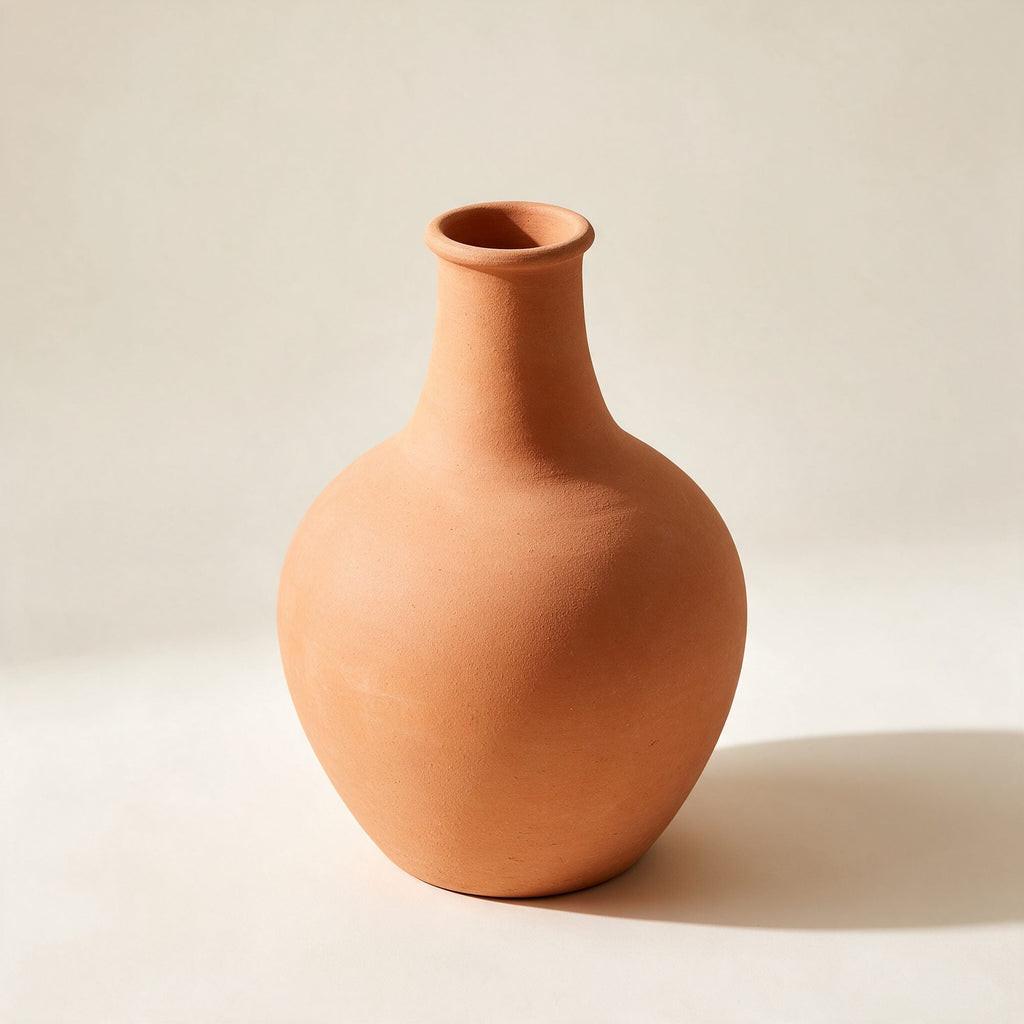 Grand vase Charonne en terre cuite brute, au ventre ample et au col resserré, sur fond crème