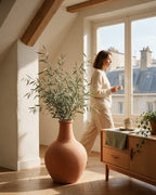Vase Charonne en terre cuite garni d’eucalyptus, posé sur un parquet en chêne près d’une fenêtre sur les toits de Paris