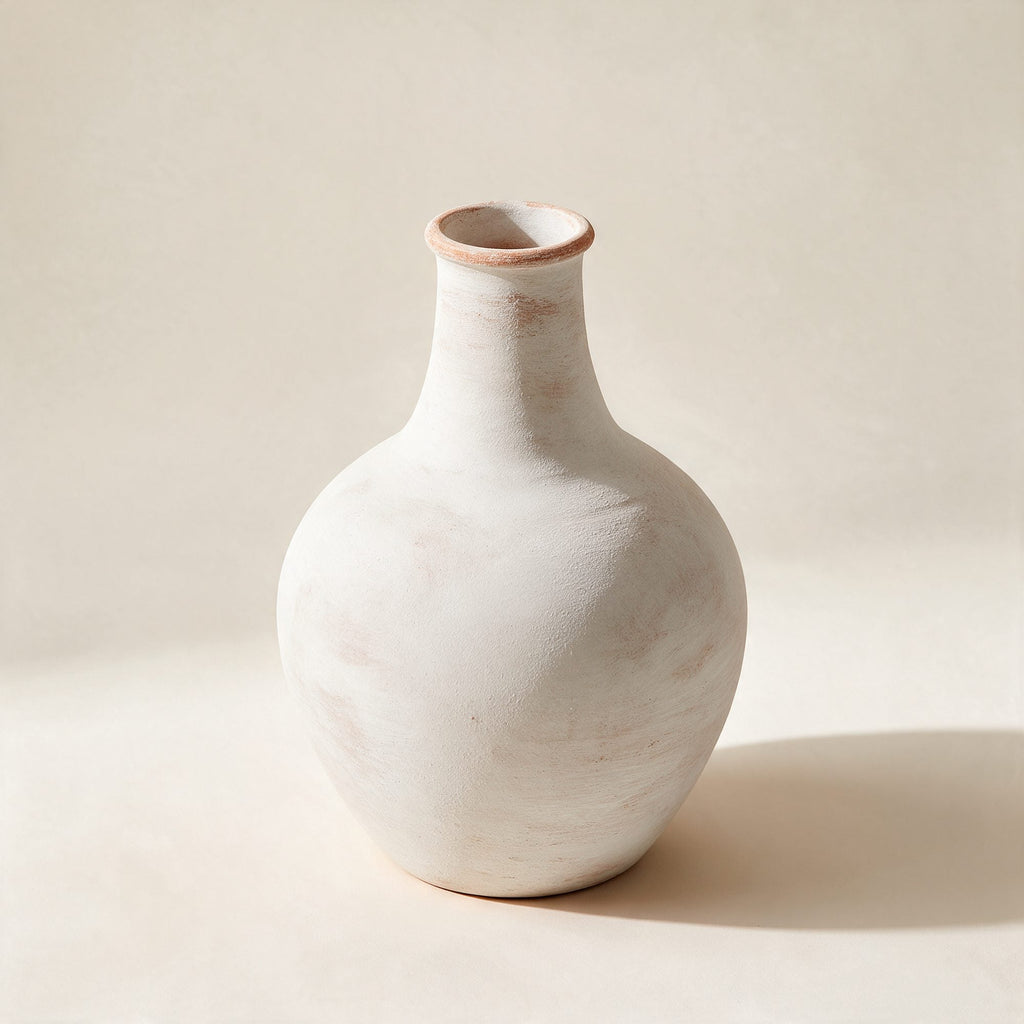 Grand vase Charonne en terre cuite, finition blanc chaulé, sur fond crème