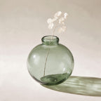 Vase bulle Tuileries en verre soufflé vert sauge, avec une tige de monnaie-du-pape, sur fond crème